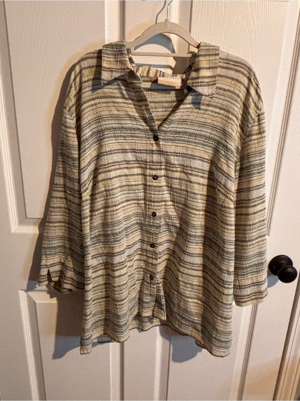 Woman’s Casual Striped Button-Up Shirt - Beige & Green